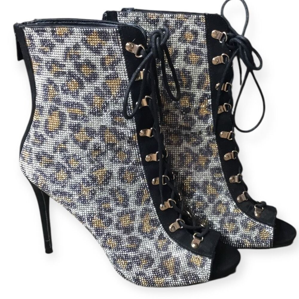 ANNE MICHELLE Women’s Cheetah Print Rhinestone Lace-Up Peep Toe Stiletto Booties